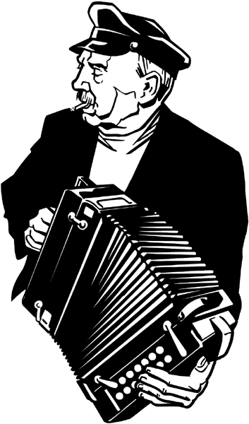 Senior man with an accordion vinyl sticker. Customize on line. Music 061-0235